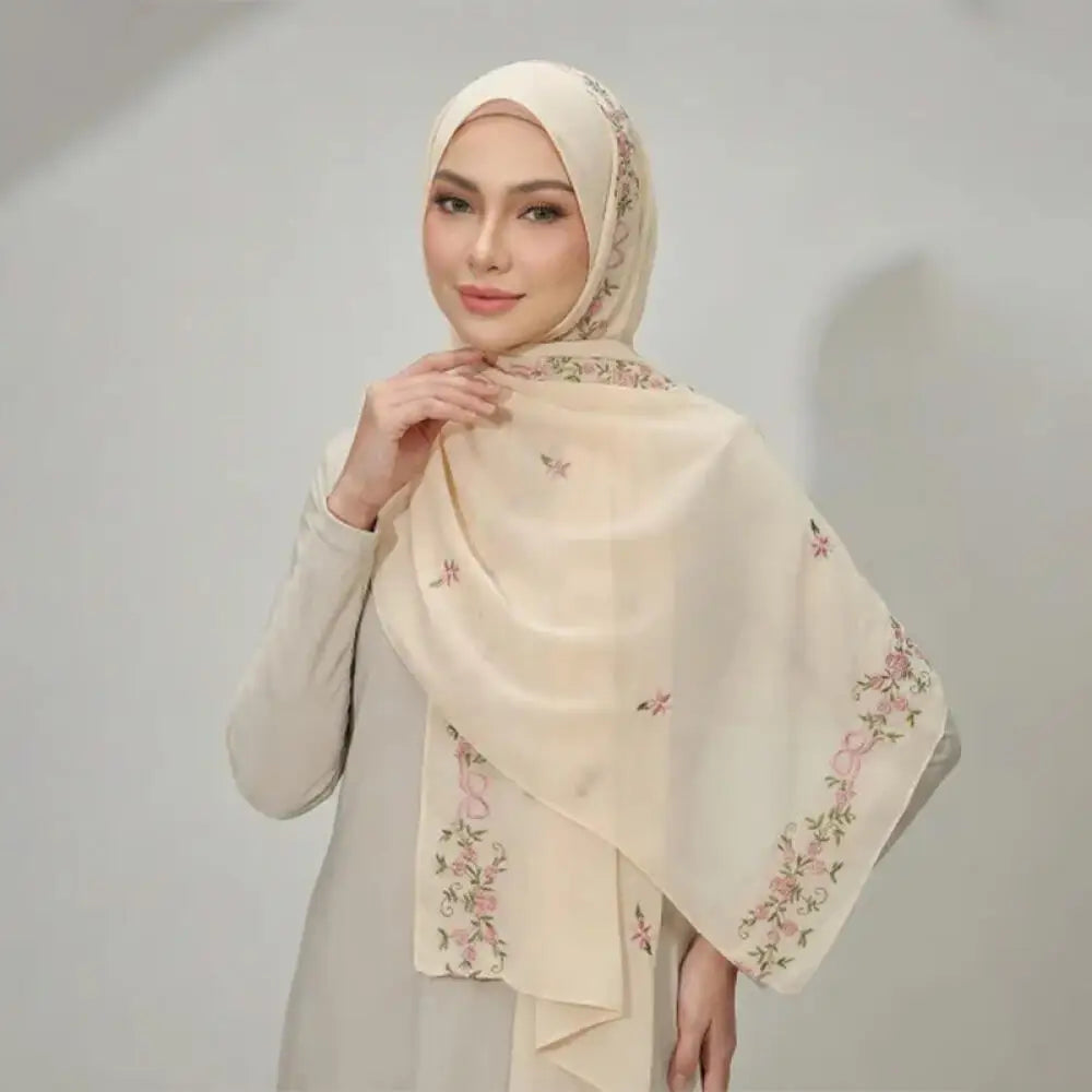 Simple Floral Embroidered Tudung Shawl, Soft Breathable Lightweight Scarf for Muslim Women Daily Wear Headscarf Accessories