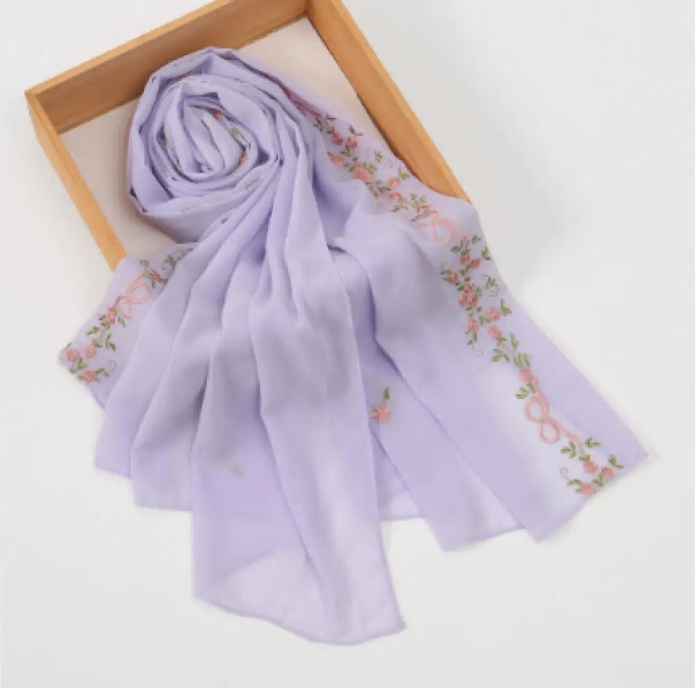 Simple Floral Embroidered Tudung Shawl, Soft Breathable Lightweight Scarf for Muslim Women Daily Wear Headscarf Accessories
