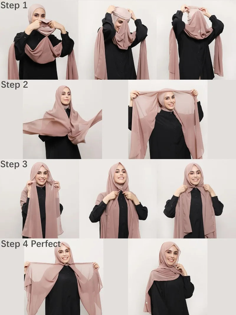 ONE TO WAN Premium Chiffon Hijab With Bulit-in Magnets Solid Color Easy To Wear Shawl Wrap With Undercap For Muslim Women