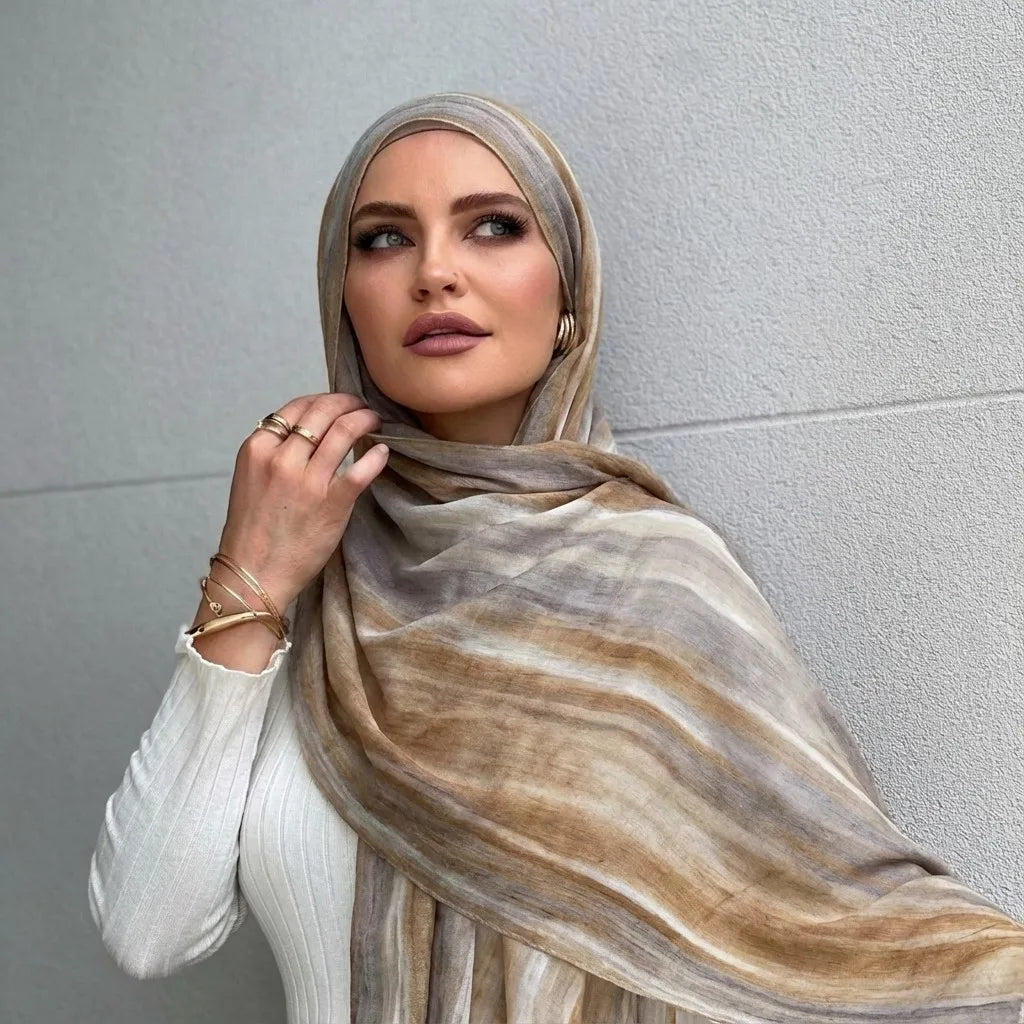 Ramadan Watercolor Modal Hijab Women Bohemian Watercolor Soft Muslim Hijabs Floral Breathable Shawl Wrap Scarf Headscarf Warm