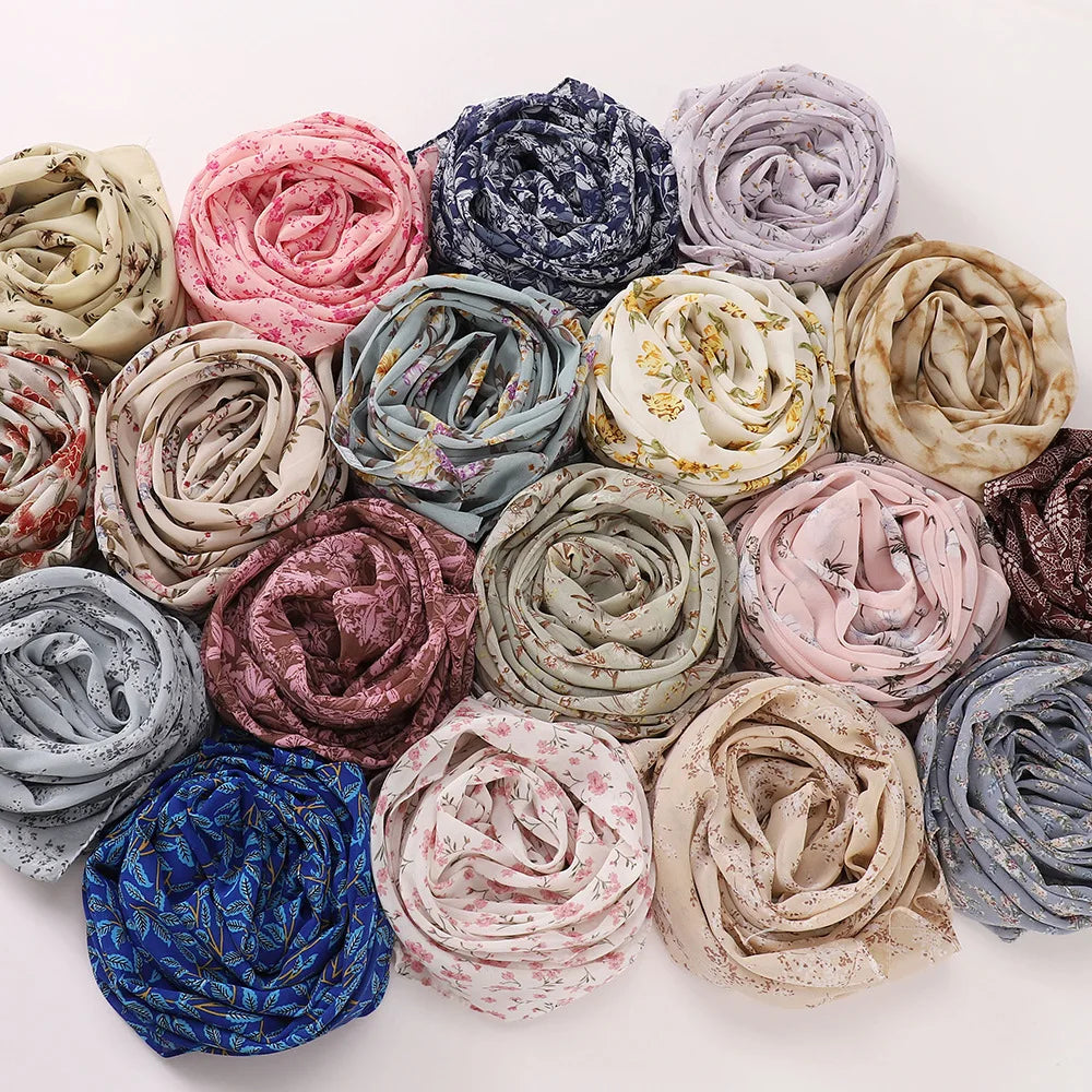 New Printed Hijabs Shawl Bubble Chiffon Hijabs Woman Design Flower Shawls Muslim Scarves Headscarf Wraps Turbans Long Scarves