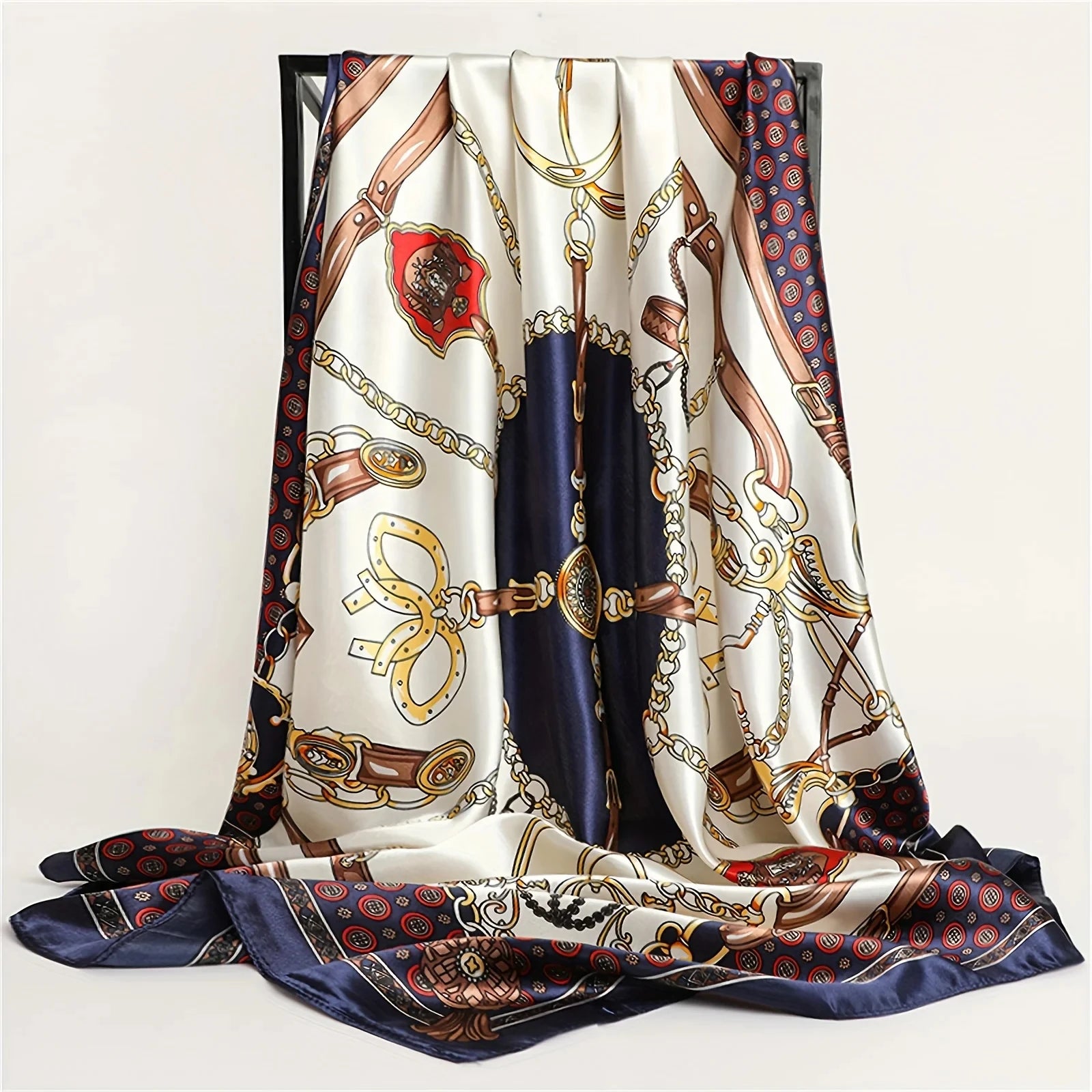 Chain Printed Square Hijab Scarf Stylish Thin Satin Shawl Elegant Style Sunscreen Headscarf For Women