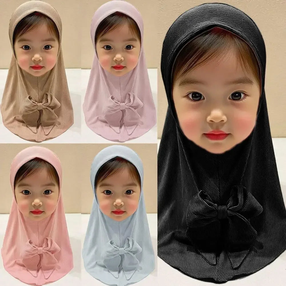 For 2 To 6 Years Old Children Fabric Type Muslim Kids Girls Hijab Vertical Stripe Worship Hat Summer Accessory