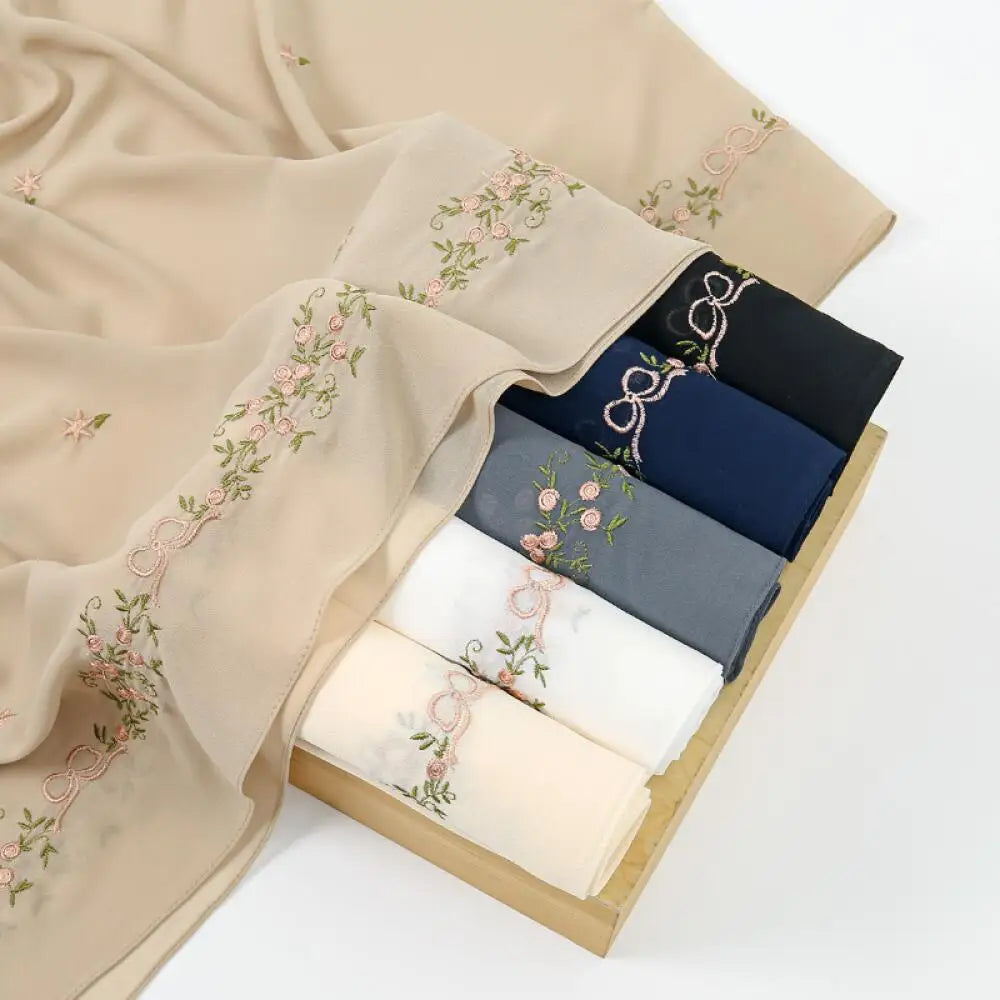 Simple Floral Embroidered Tudung Shawl, Soft Breathable Lightweight Scarf for Muslim Women Daily Wear Headscarf Accessories