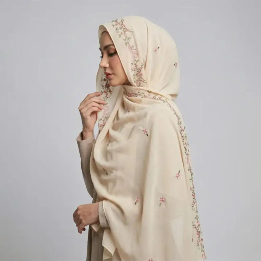 Simple Floral Embroidered Tudung Shawl, Soft Breathable Lightweight Scarf for Muslim Women Daily Wear Headscarf Accessories