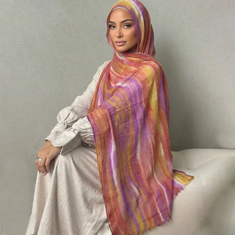 Ramadan Watercolor Modal Hijab Women Bohemian Watercolor Soft Muslim Hijabs Floral Breathable Shawl Wrap Scarf Headscarf Warm