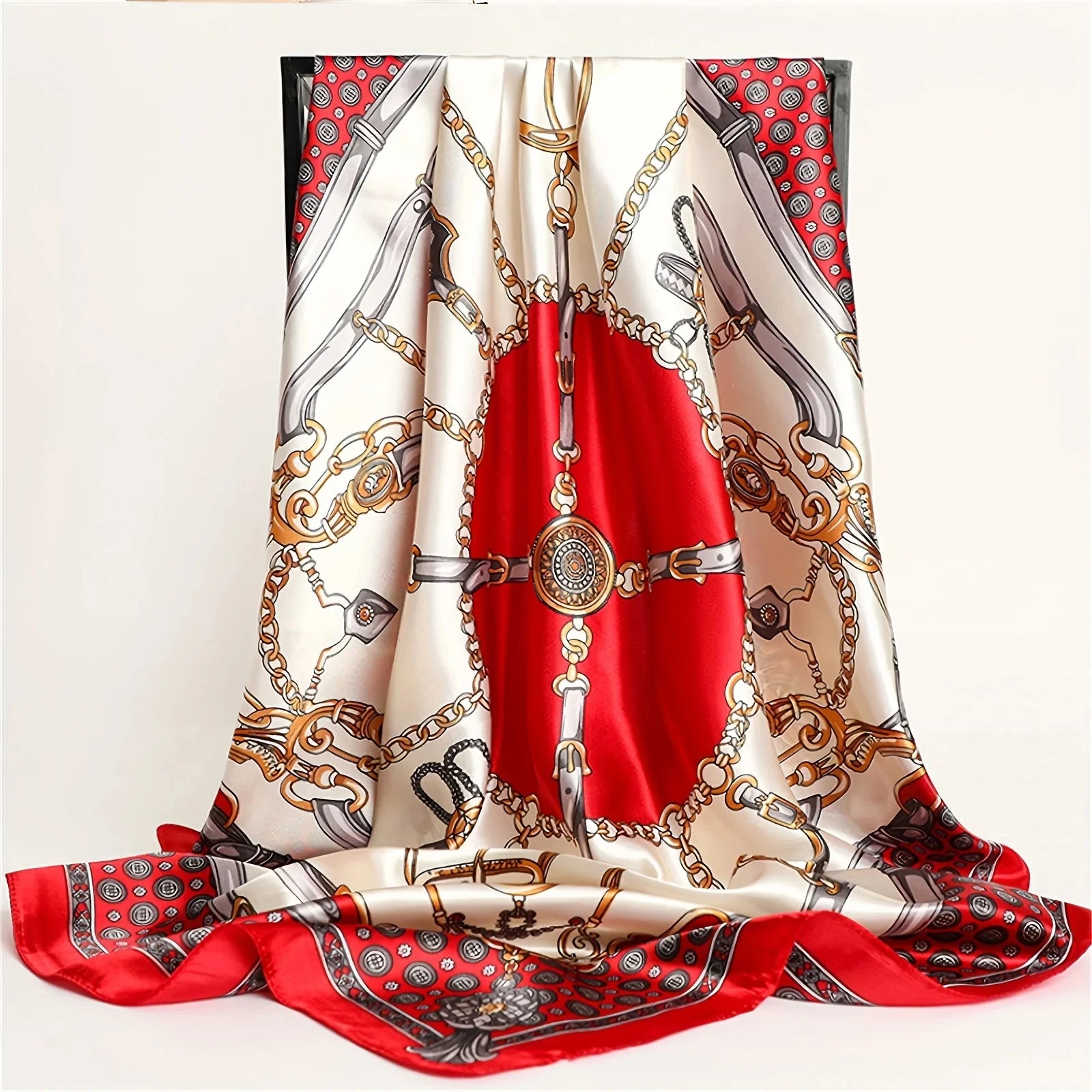 Chain Printed Square Hijab Scarf Stylish Thin Satin Shawl Elegant Style Sunscreen Headscarf For Women