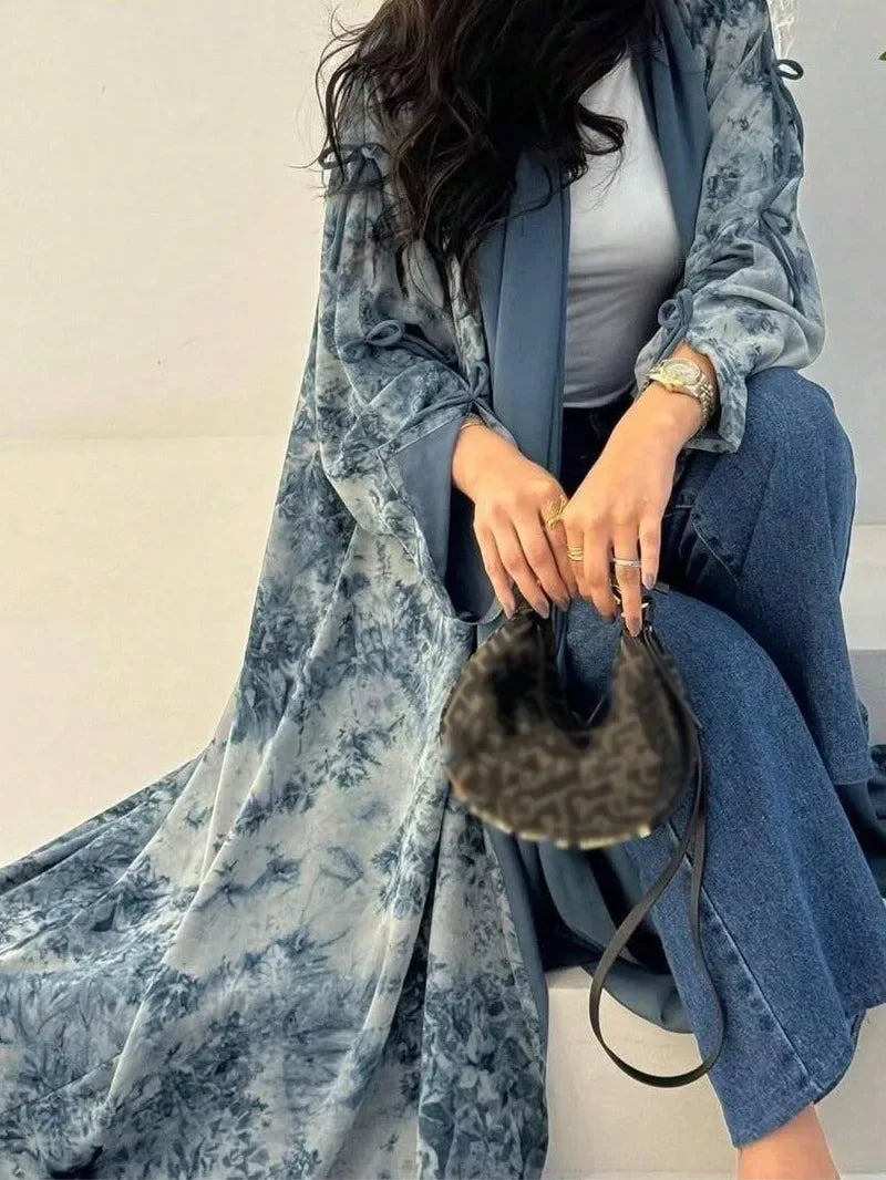 Middle Eastern Women cardigan Loose Tie Dye Abayas Casual Kaftan Arabian Maxi Dress Full Sleeve Open Front Jilbabs Without Hajib