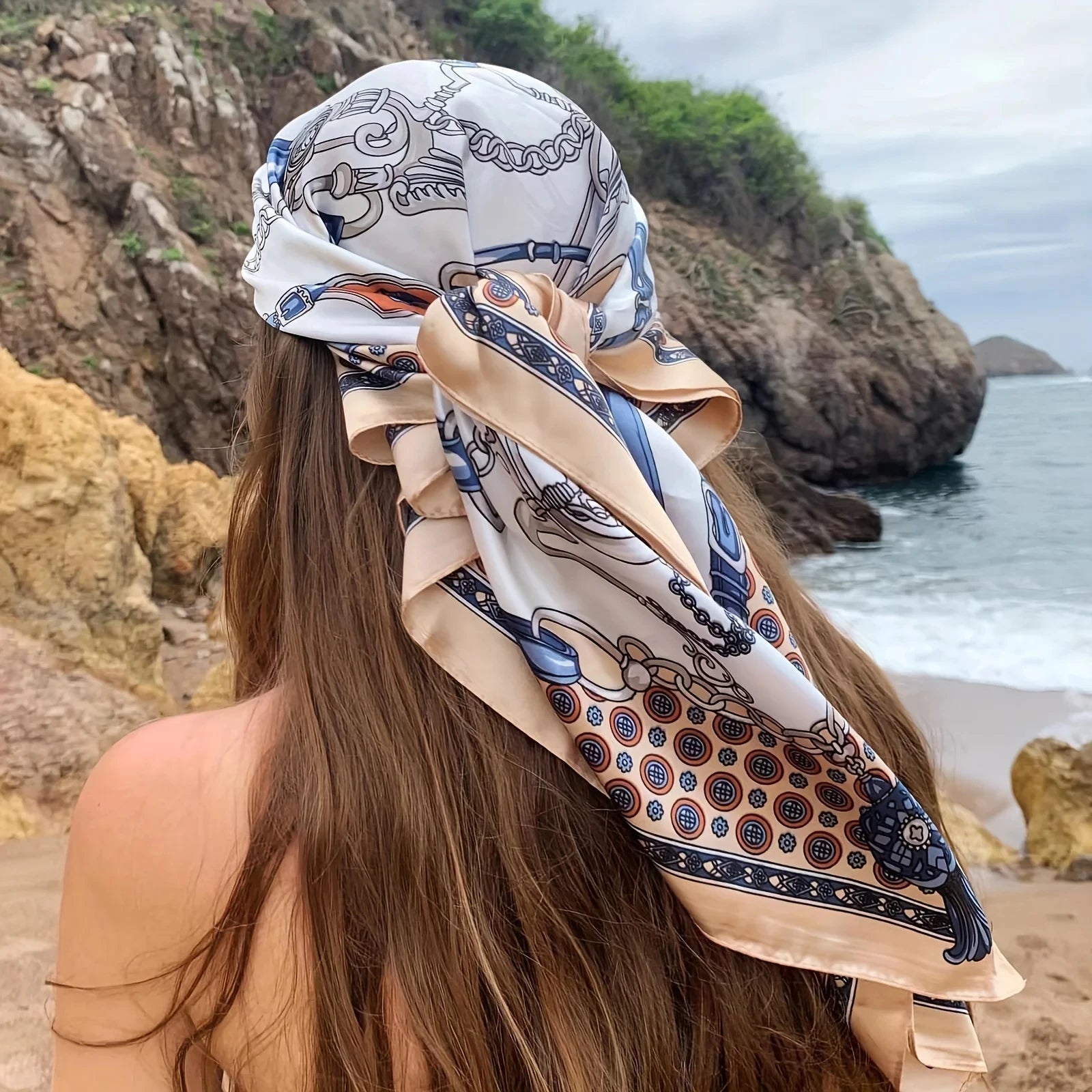 Chain Printed Square Hijab Scarf Stylish Thin Satin Shawl Elegant Style Sunscreen Headscarf For Women