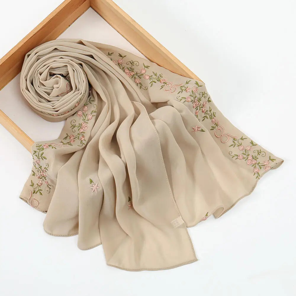 Simple Floral Embroidered Tudung Shawl, Soft Breathable Lightweight Scarf for Muslim Women Daily Wear Headscarf Accessories