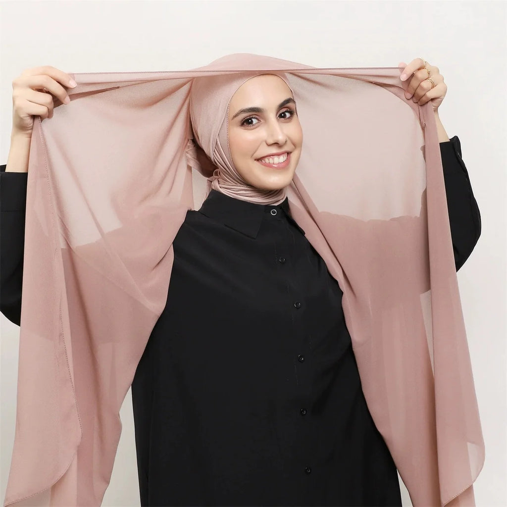 ONE TO WAN Premium Chiffon Hijab With Bulit-in Magnets Solid Color Easy To Wear Shawl Wrap With Undercap For Muslim Women